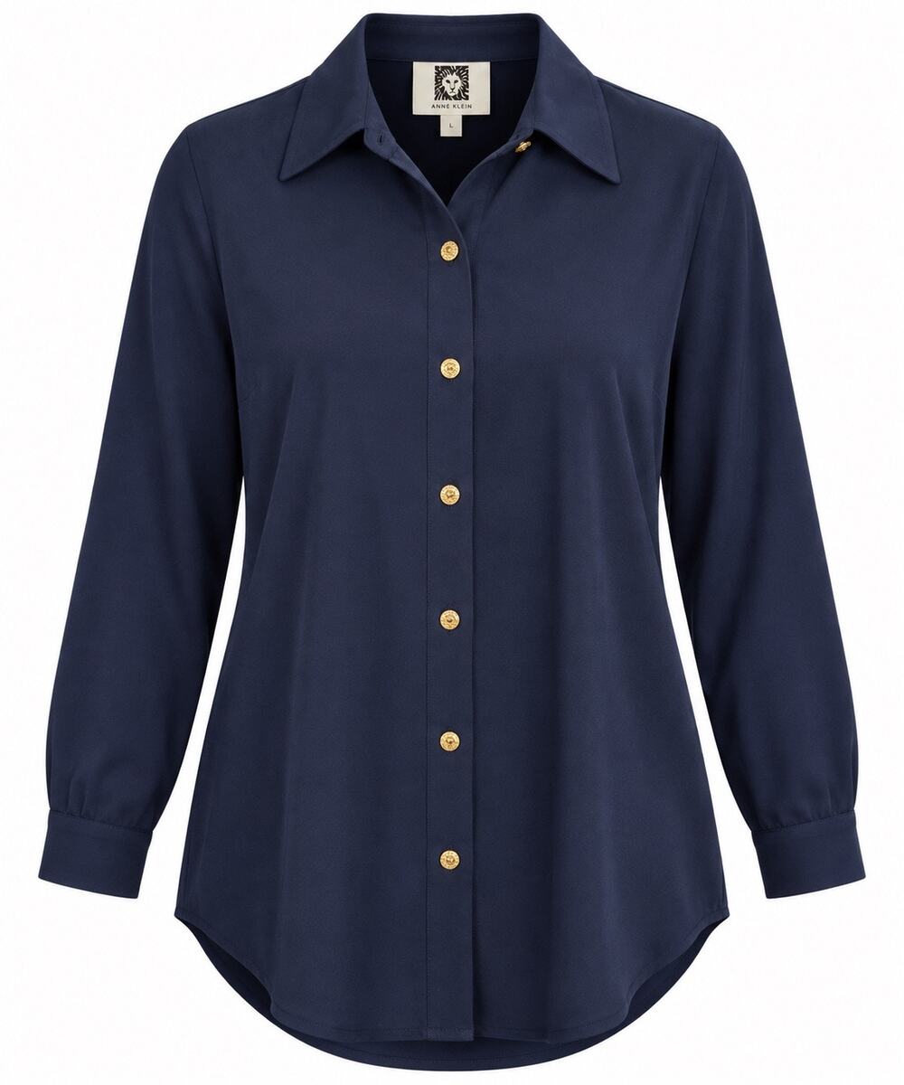Anne Klein Women’s L Navy Blue Button Down Tunic Shirt Gold Buttons Long Sleeve